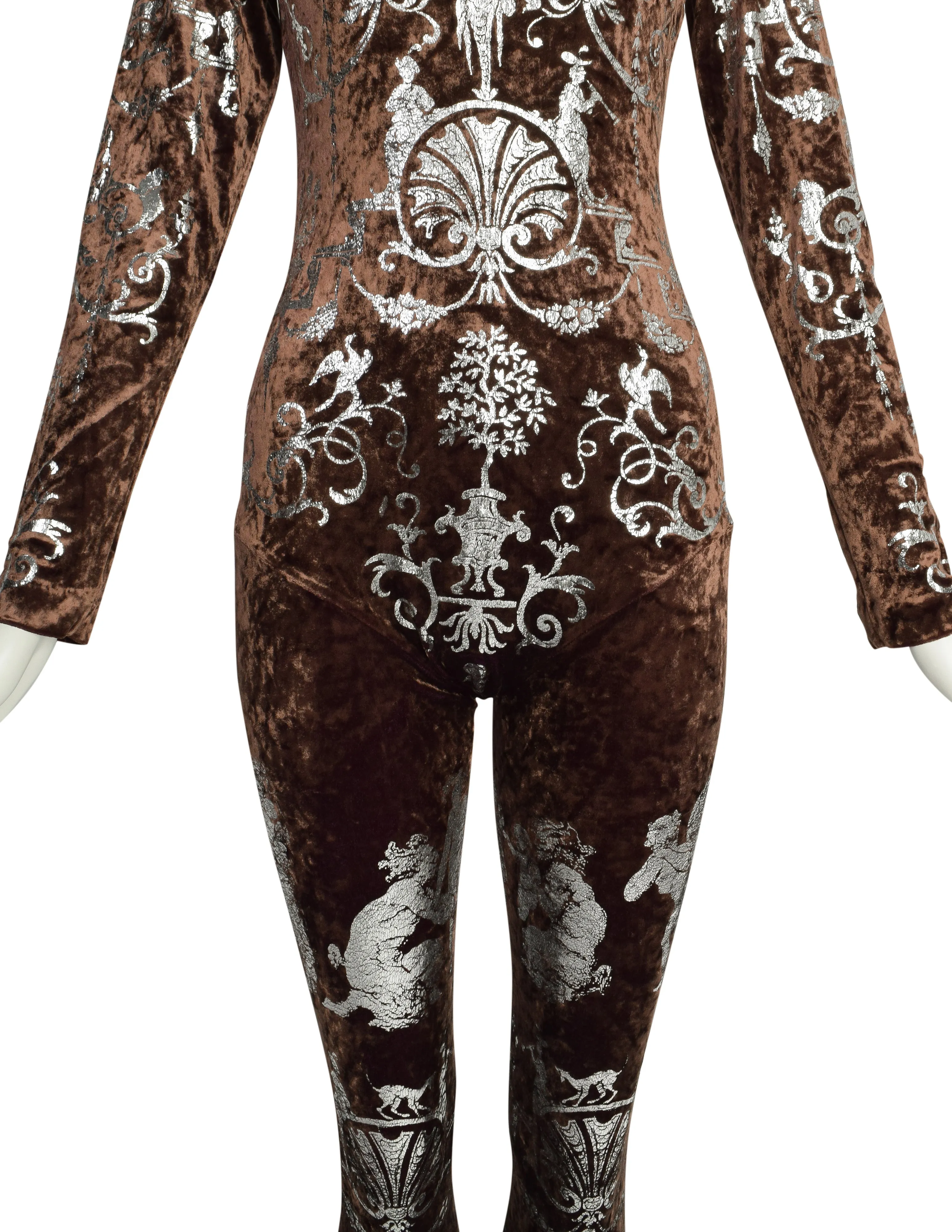 Vivienne Westwood Vintage RARE AW 1990 Portrait Collection Boulle Print Silver Foil Brown Crushed Velvet Catsuit