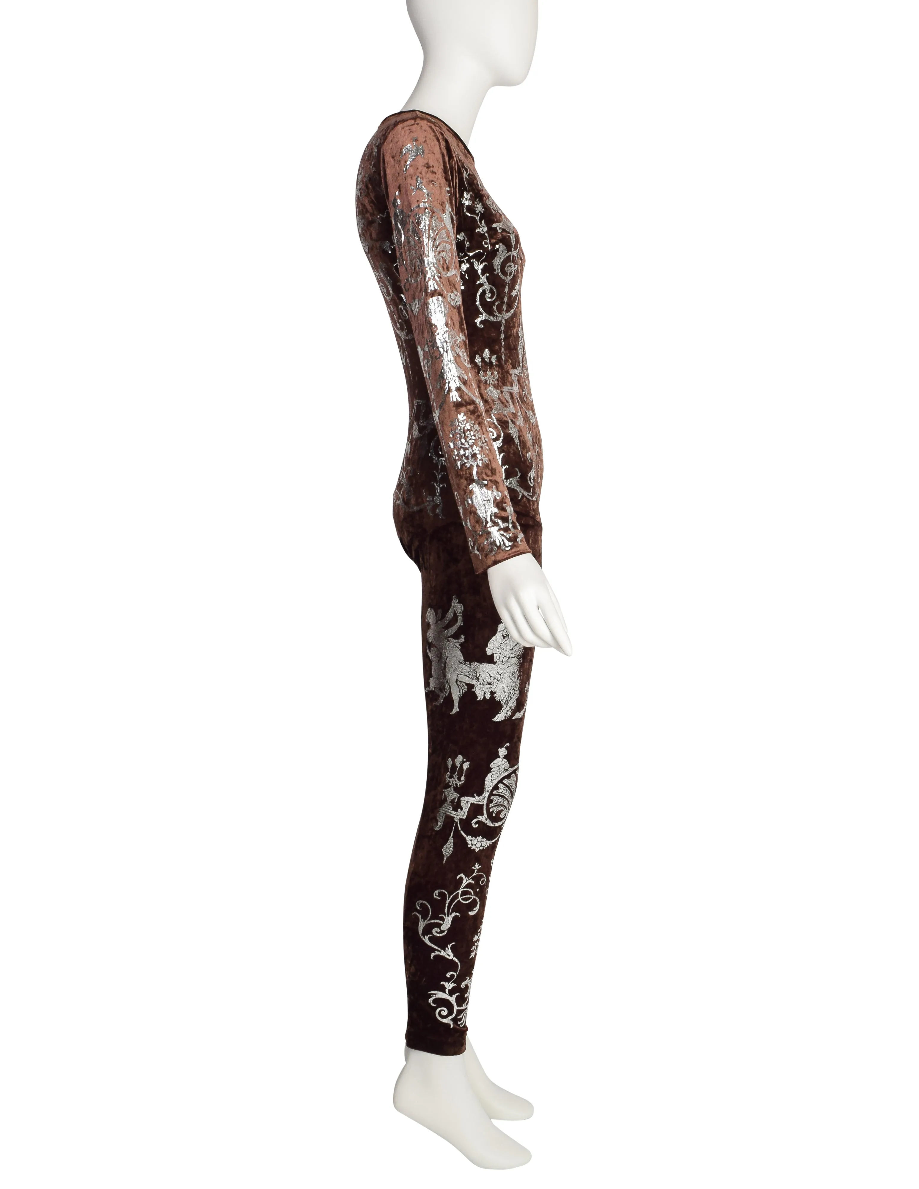 Vivienne Westwood Vintage RARE AW 1990 Portrait Collection Boulle Print Silver Foil Brown Crushed Velvet Catsuit