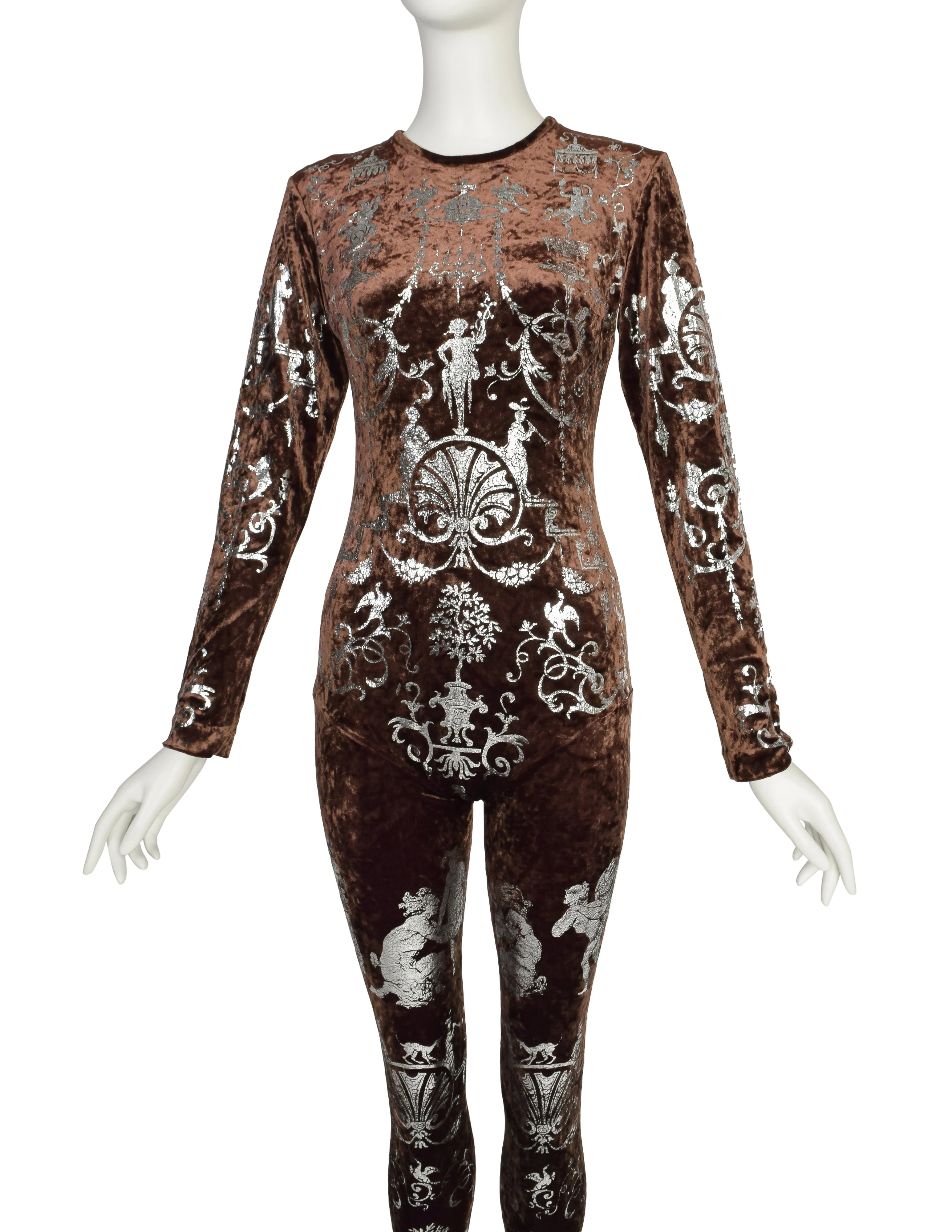 Vivienne Westwood Vintage RARE AW 1990 Portrait Collection Boulle Print Silver Foil Brown Crushed Velvet Catsuit