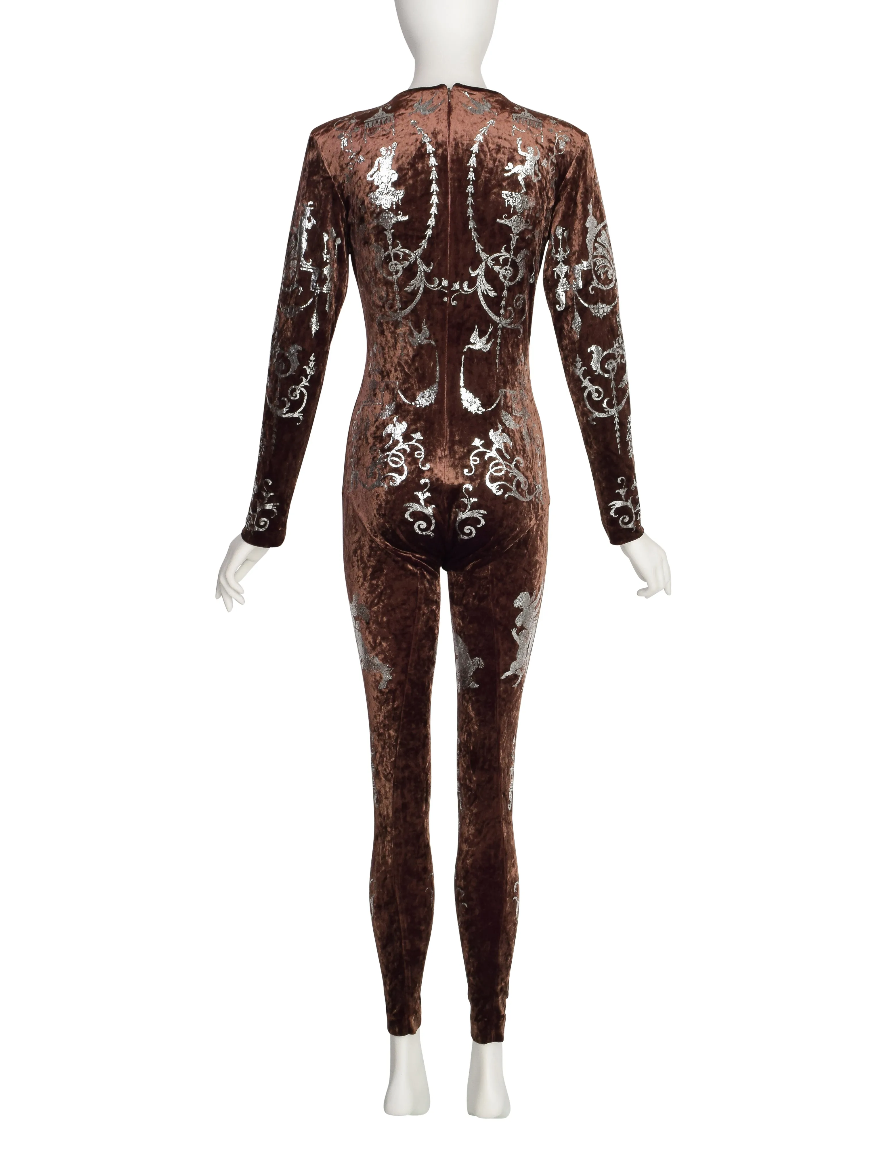 Vivienne Westwood Vintage RARE AW 1990 Portrait Collection Boulle Print Silver Foil Brown Crushed Velvet Catsuit