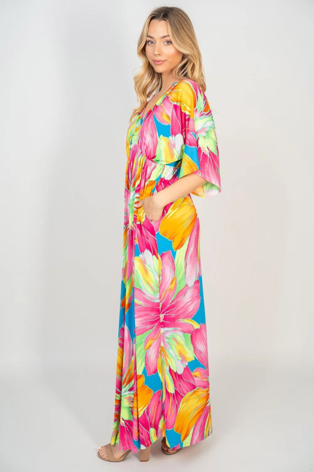 White Birch Printed V-Neck Maxi Dress with Pockets