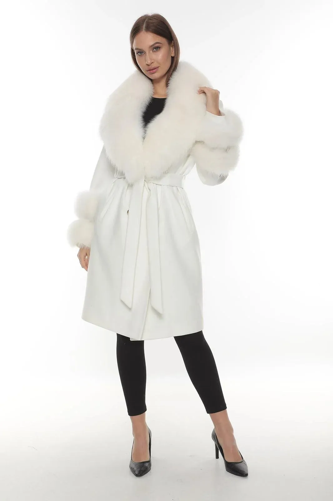 White Cashmere Wool & Fox Fur Coat