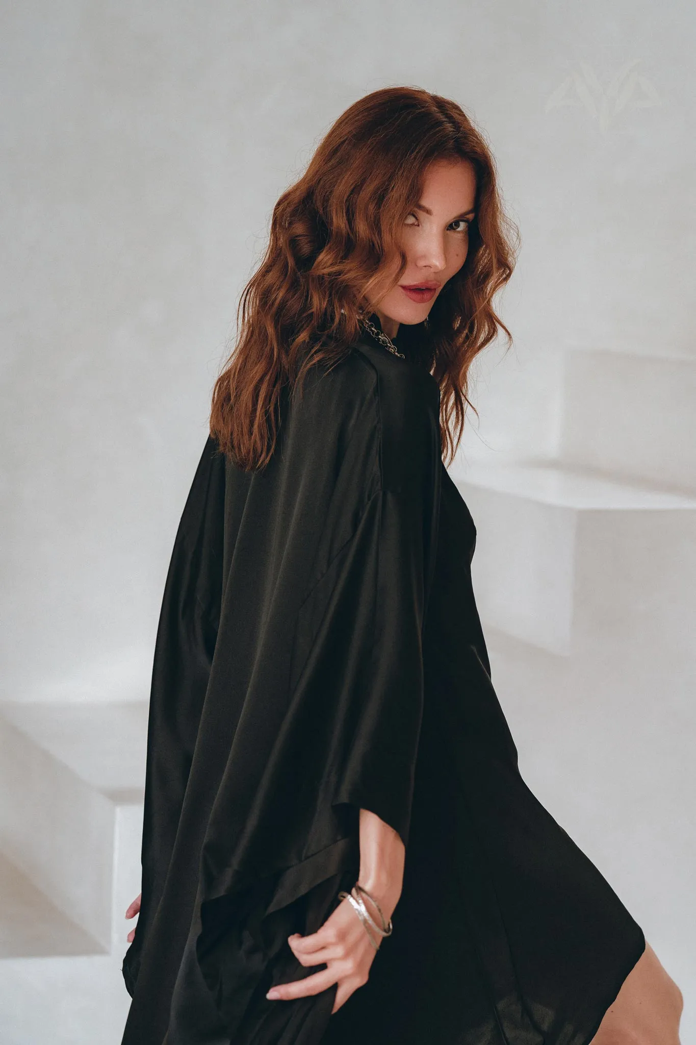 Wide Sleeve Bohemian Kaftan Cardigan • Black Peace Silk Kimono Robe