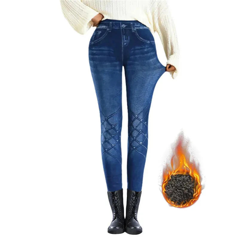 Women Thin Fleece Imitation Denim Pants Stretchy High Waist Warm Velvet Leggings Autumn Winter Slimming Tights