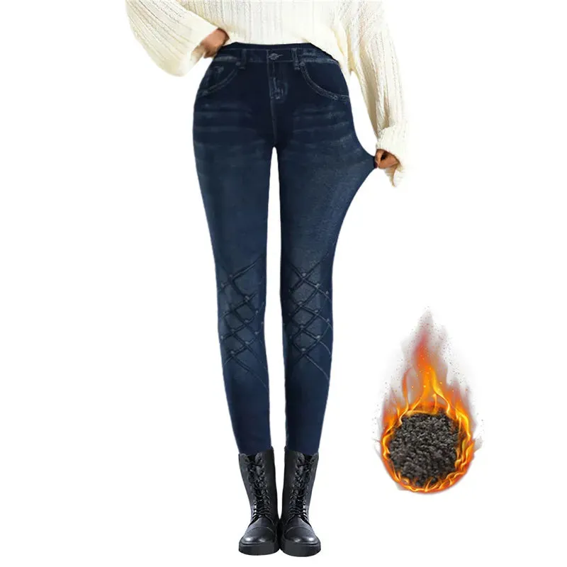 Women Thin Fleece Imitation Denim Pants Stretchy High Waist Warm Velvet Leggings Autumn Winter Slimming Tights