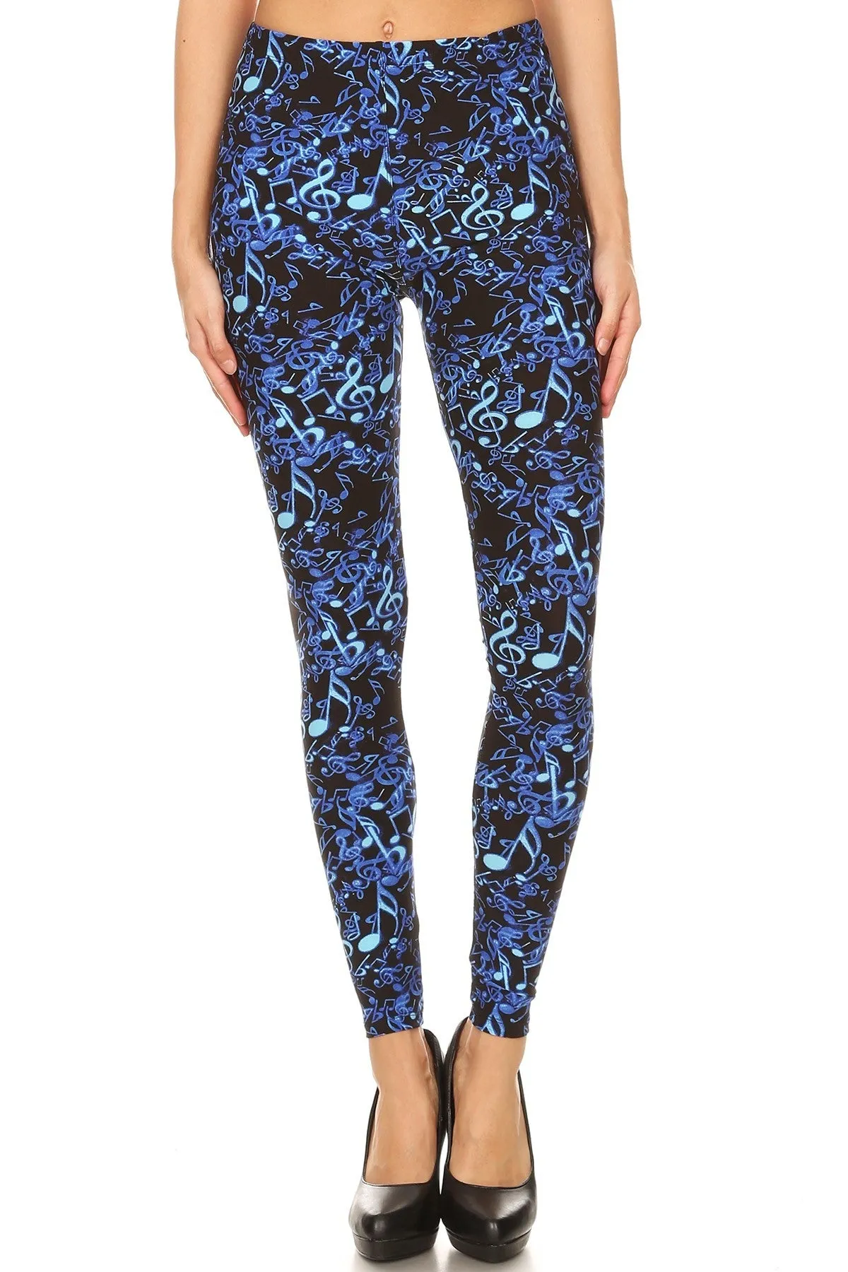 Women's 3X 5X Blue Music Note Pattern Printed Leggings