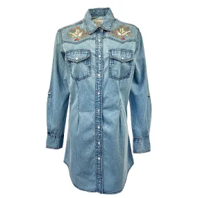 Women's Flying Swallows Embroidered Denim Western Shirt Dress