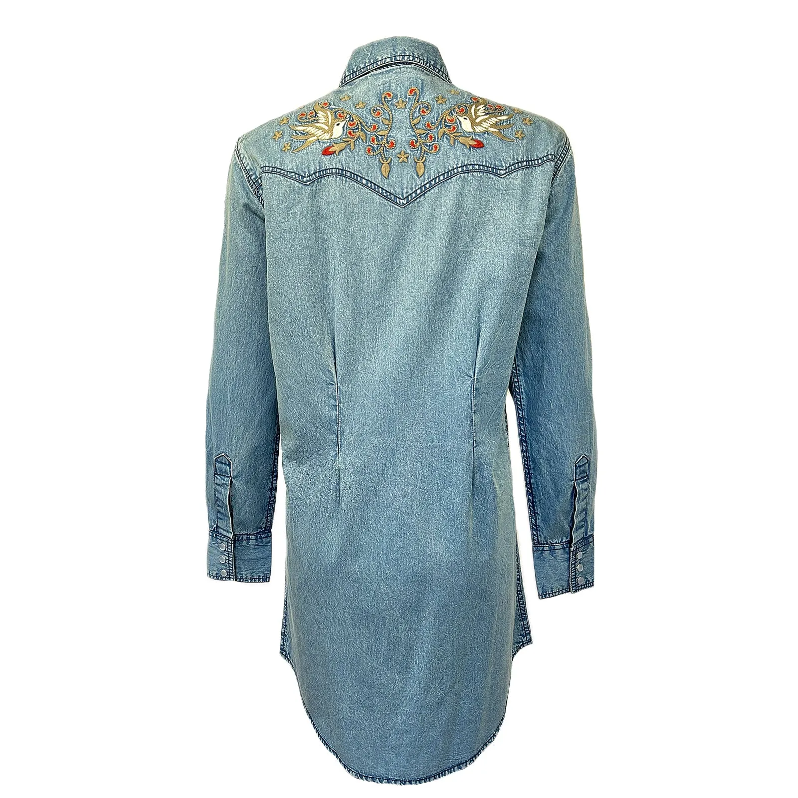 Women's Flying Swallows Embroidered Denim Western Shirt Dress