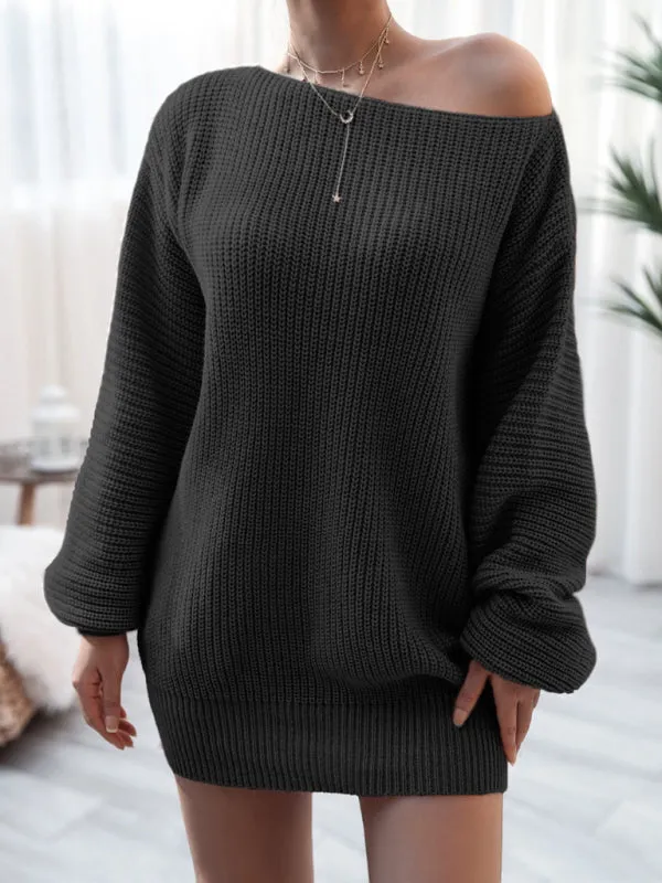 Women's straight neck casual loose knit wool dress