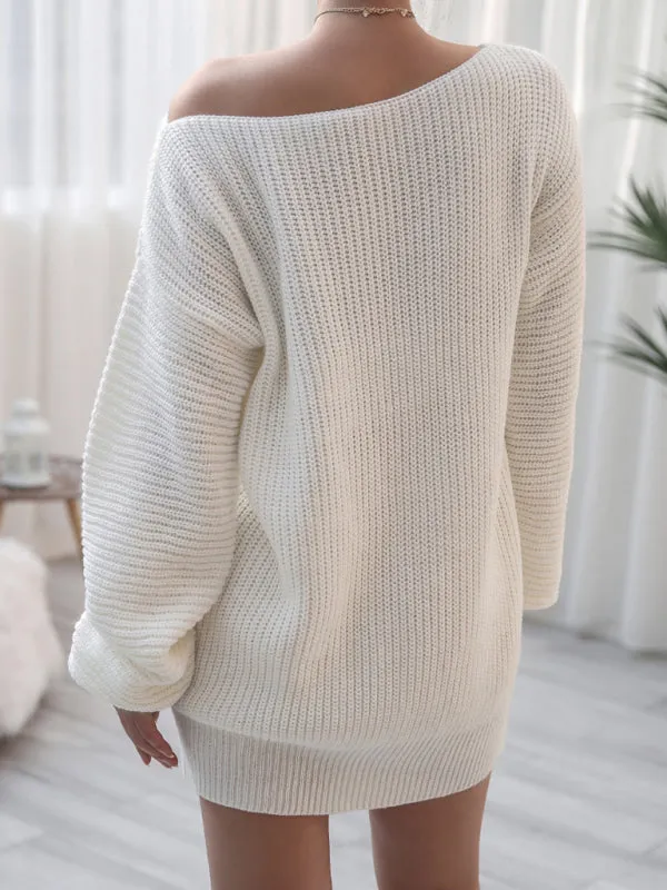 Women's straight neck casual loose knit wool dress