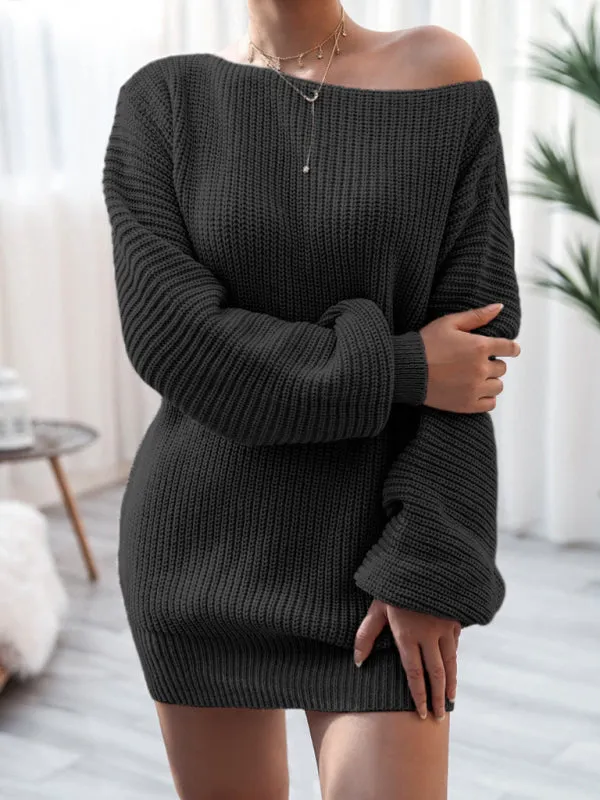 Women's straight neck casual loose knit wool dress