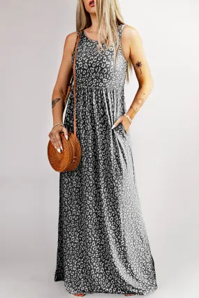 Women's Summer Sleeveless Loose Maxi Dress Leopard Print Pocketed Long Dress